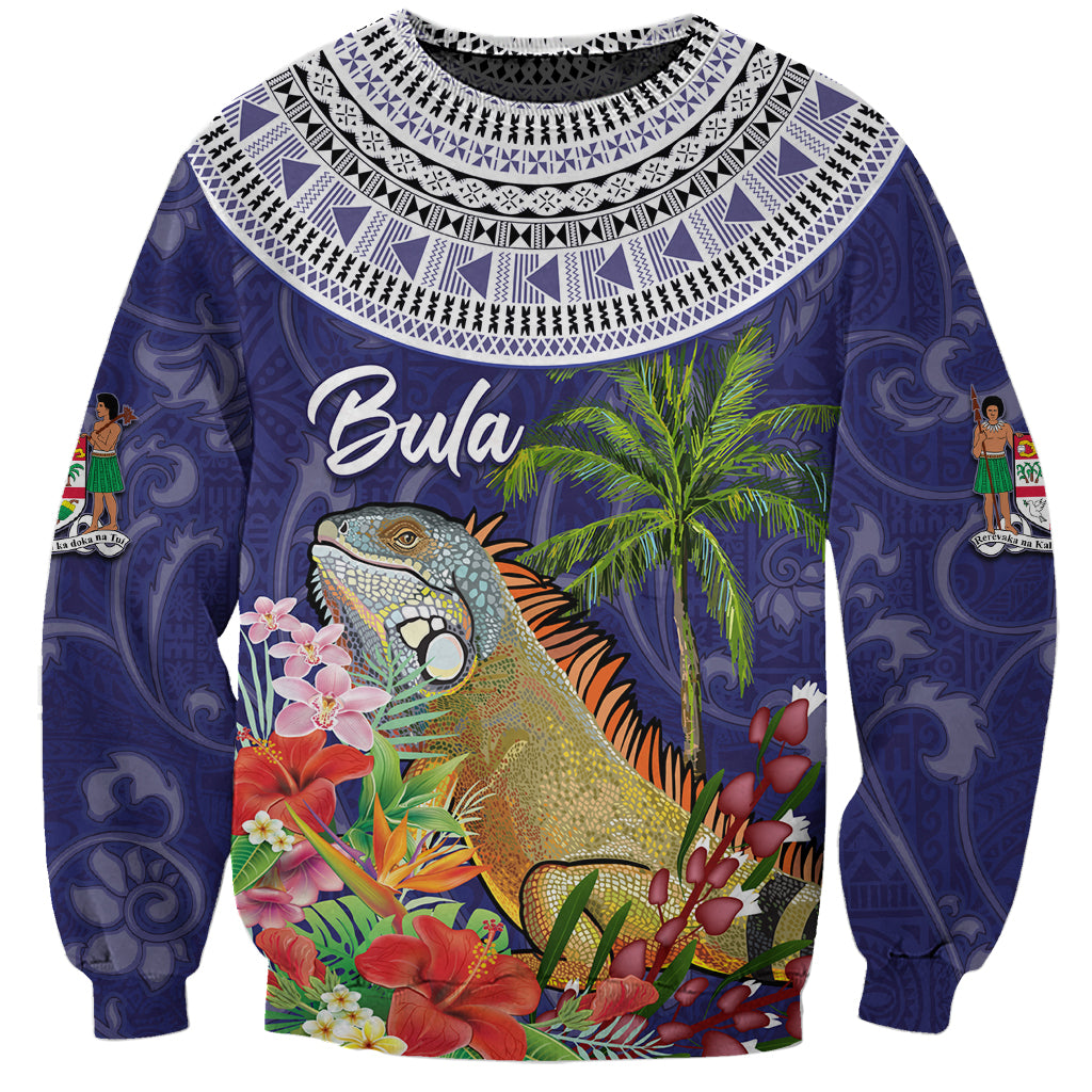 Bula Fiji Crested Iguana Sweatshirt Tagimaucia Tapa Tribal Blue Color LT03 Unisex Blue - Polynesian Pride