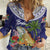 Bula Fiji Crested Iguana Women Casual Shirt Tagimaucia Tapa Tribal Blue Color LT03 Female Blue - Polynesian Pride