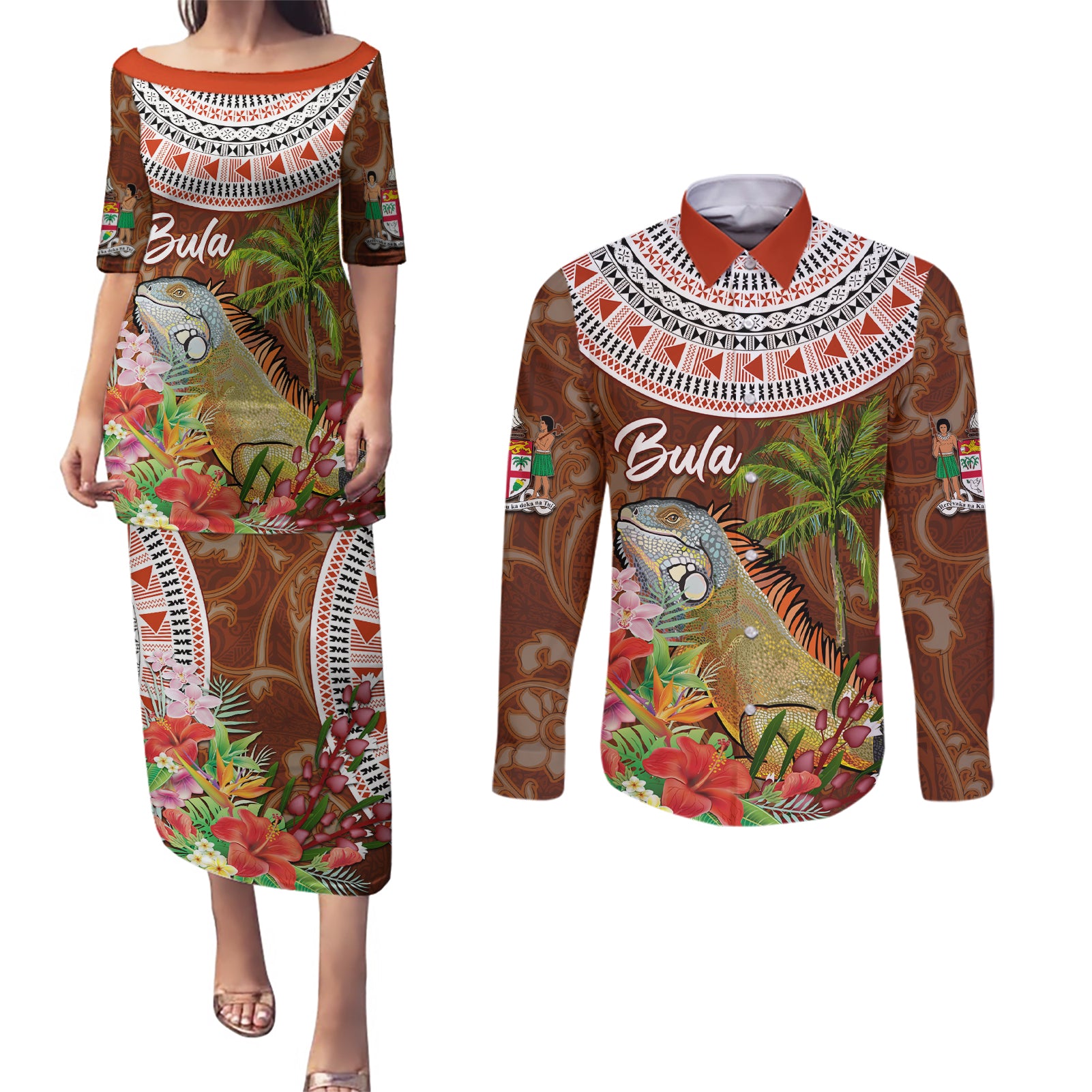 Bula Fiji Crested Iguana Couples Matching Puletasi and Long Sleeve Button Shirt Tagimaucia Tapa Tribal Brown Color LT03 Brown - Polynesian Pride