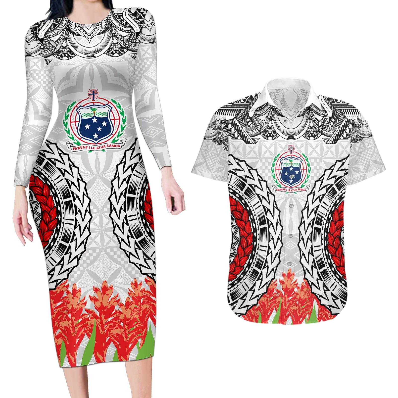 Samoa Siapo Ula Fala Couples Matching Long Sleeve Bodycon Dress and Hawaiian Shirt With Ginger Plant White Color LT03 White - Polynesian Pride