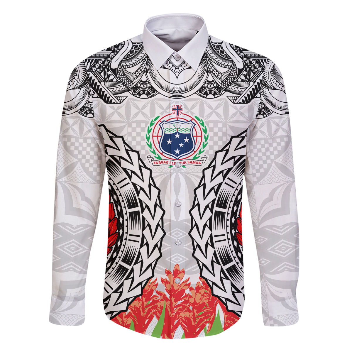 Samoa Siapo Ula Fala Family Matching Long Sleeve Bodycon Dress and Hawaiian Shirt With Ginger Plant White Color LT03 Dad's Shirt - Long Sleeve White - Polynesian Pride