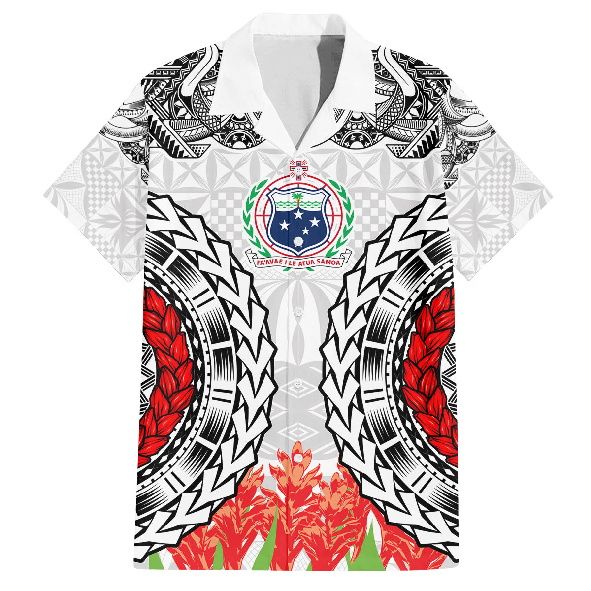 Samoa Siapo Ula Fala Family Matching Off Shoulder Short Dress and Hawaiian Shirt With Ginger Plant White Color LT03 Dad's Shirt - Short Sleeve White - Polynesian Pride