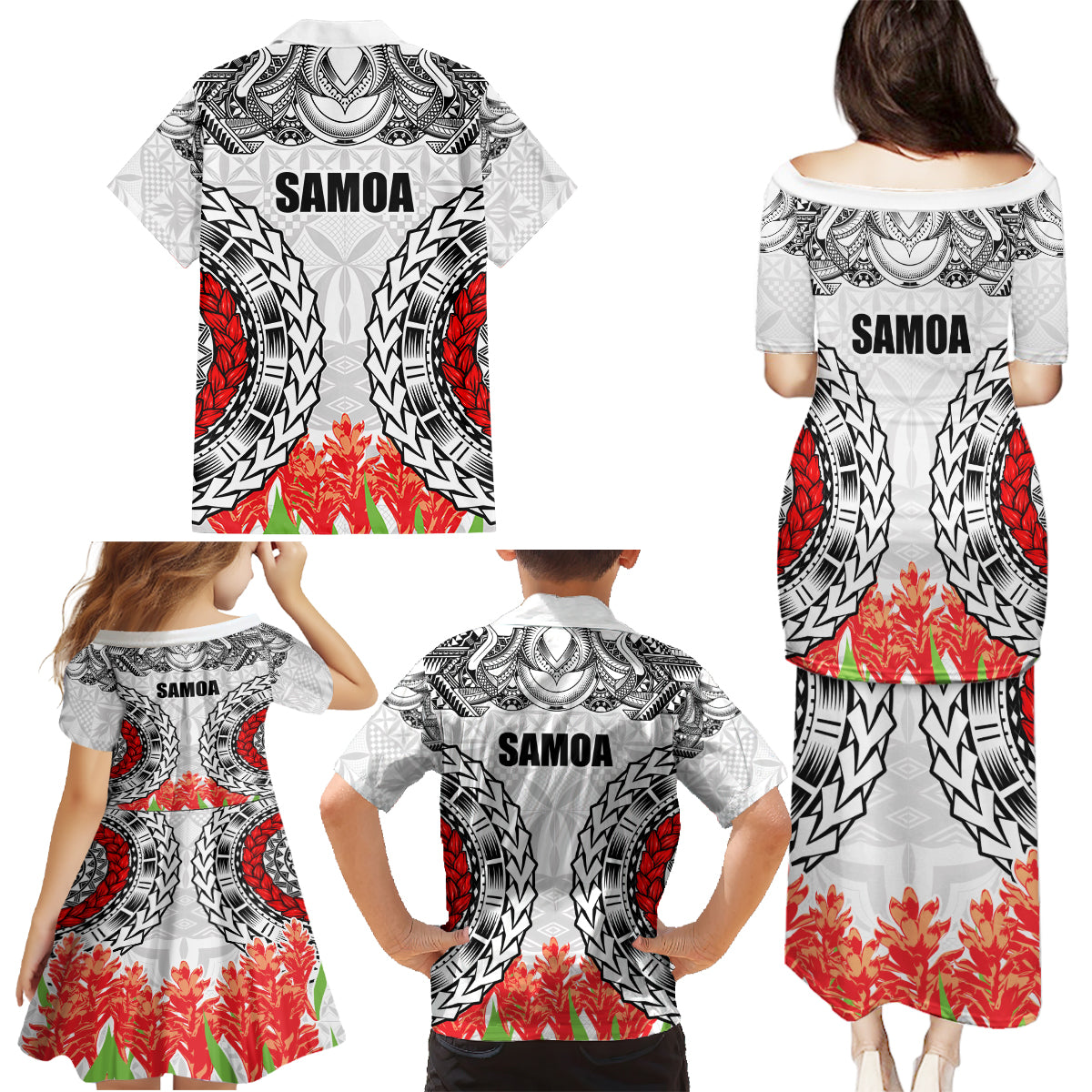 Samoa Siapo Ula Fala Family Matching Puletasi and Hawaiian Shirt With Ginger Plant White Color LT03 - Polynesian Pride