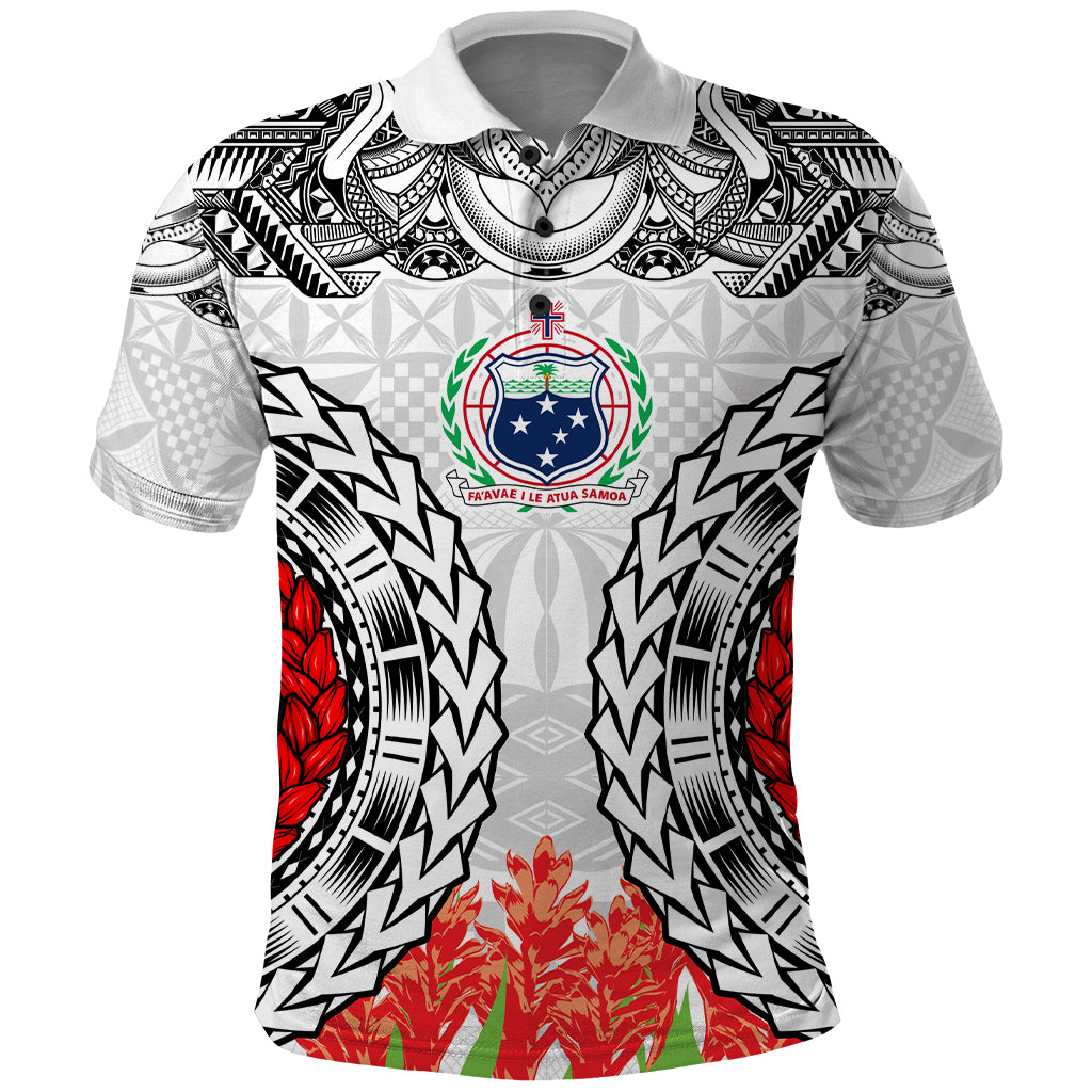 Samoa Siapo Ula Fala Polo Shirt With Ginger Plant White Color LT03 White - Polynesian Pride