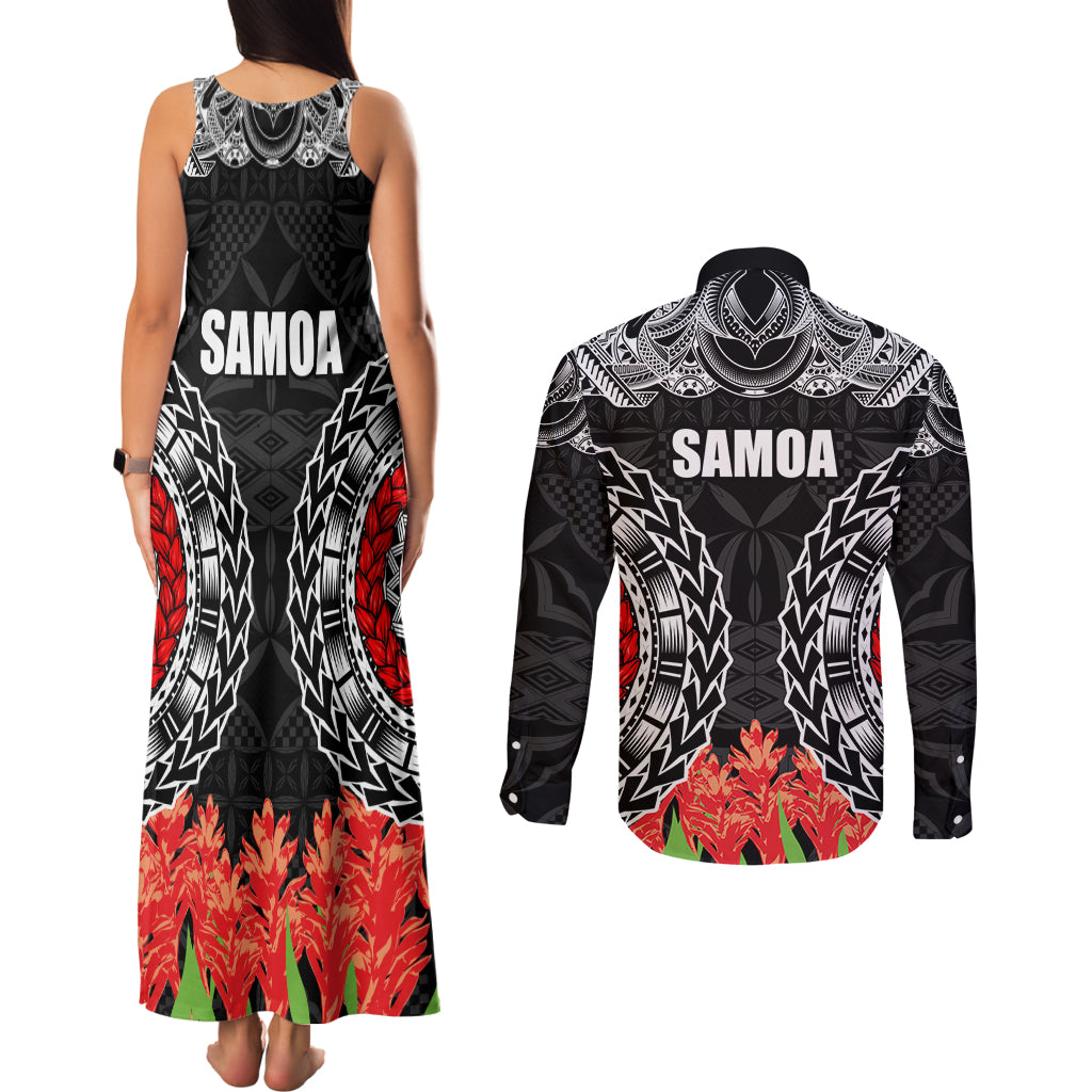 Samoa Siapo Ula Fala Couples Matching Tank Maxi Dress and Long Sleeve Button Shirt With Ginger Plant Black Color LT03 - Polynesian Pride
