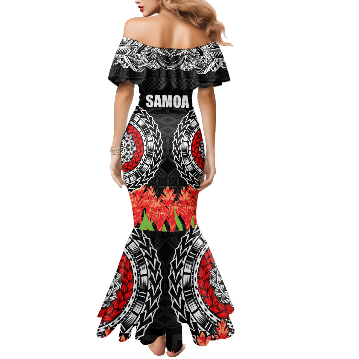 Samoa Siapo Ula Fala Family Matching Mermaid Dress and Hawaiian Shirt With Ginger Plant Black Color LT03 - Polynesian Pride