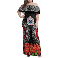 Samoa Siapo Ula Fala Family Matching Off Shoulder Maxi Dress and Hawaiian Shirt With Ginger Plant Black Color LT03 Mom's Dress Black - Polynesian Pride