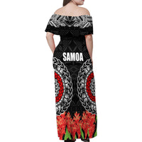 Samoa Siapo Ula Fala Family Matching Off Shoulder Maxi Dress and Hawaiian Shirt With Ginger Plant Black Color LT03 - Polynesian Pride