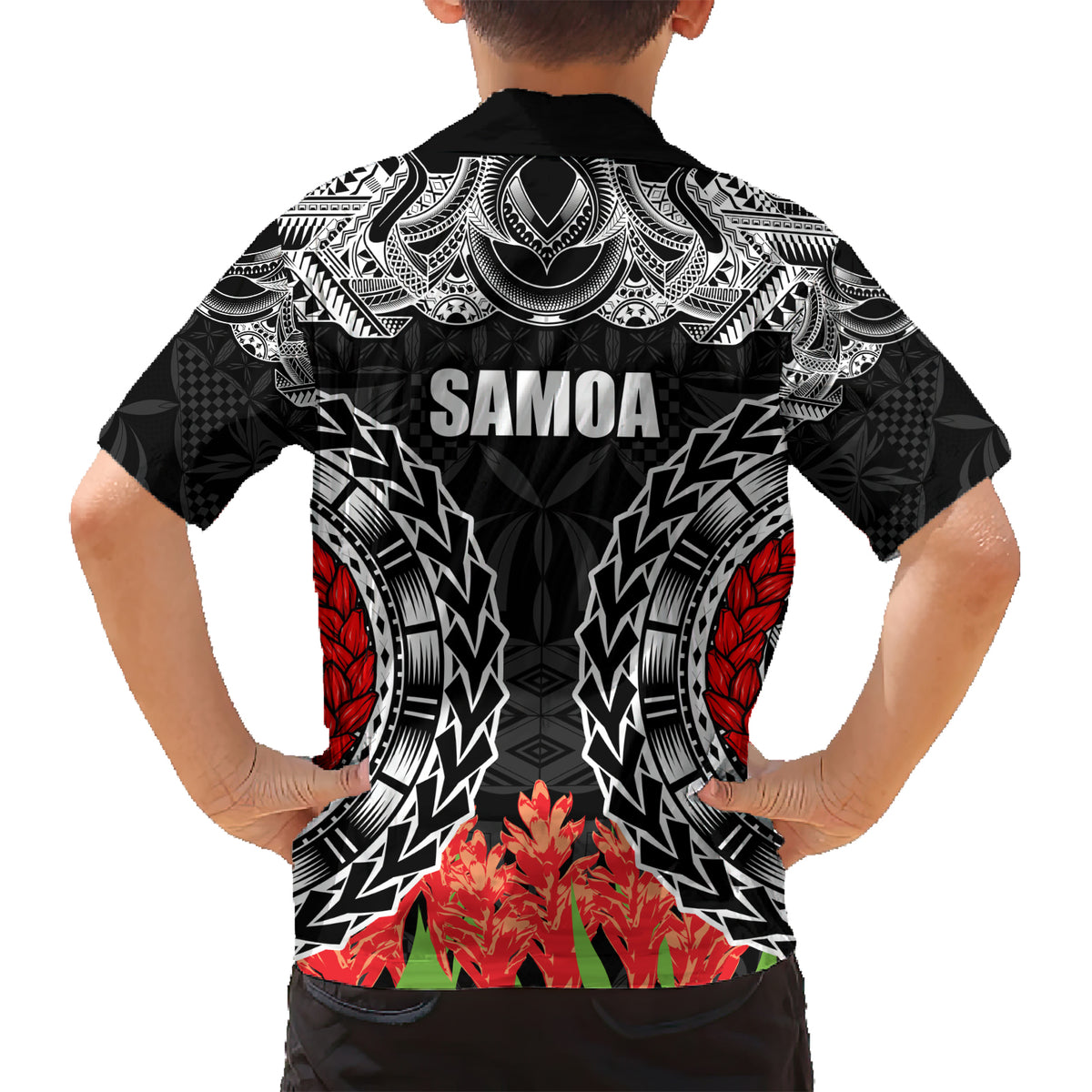 Samoa Siapo Ula Fala Family Matching Short Sleeve Bodycon Dress and Hawaiian Shirt With Ginger Plant Black Color LT03 - Polynesian Pride