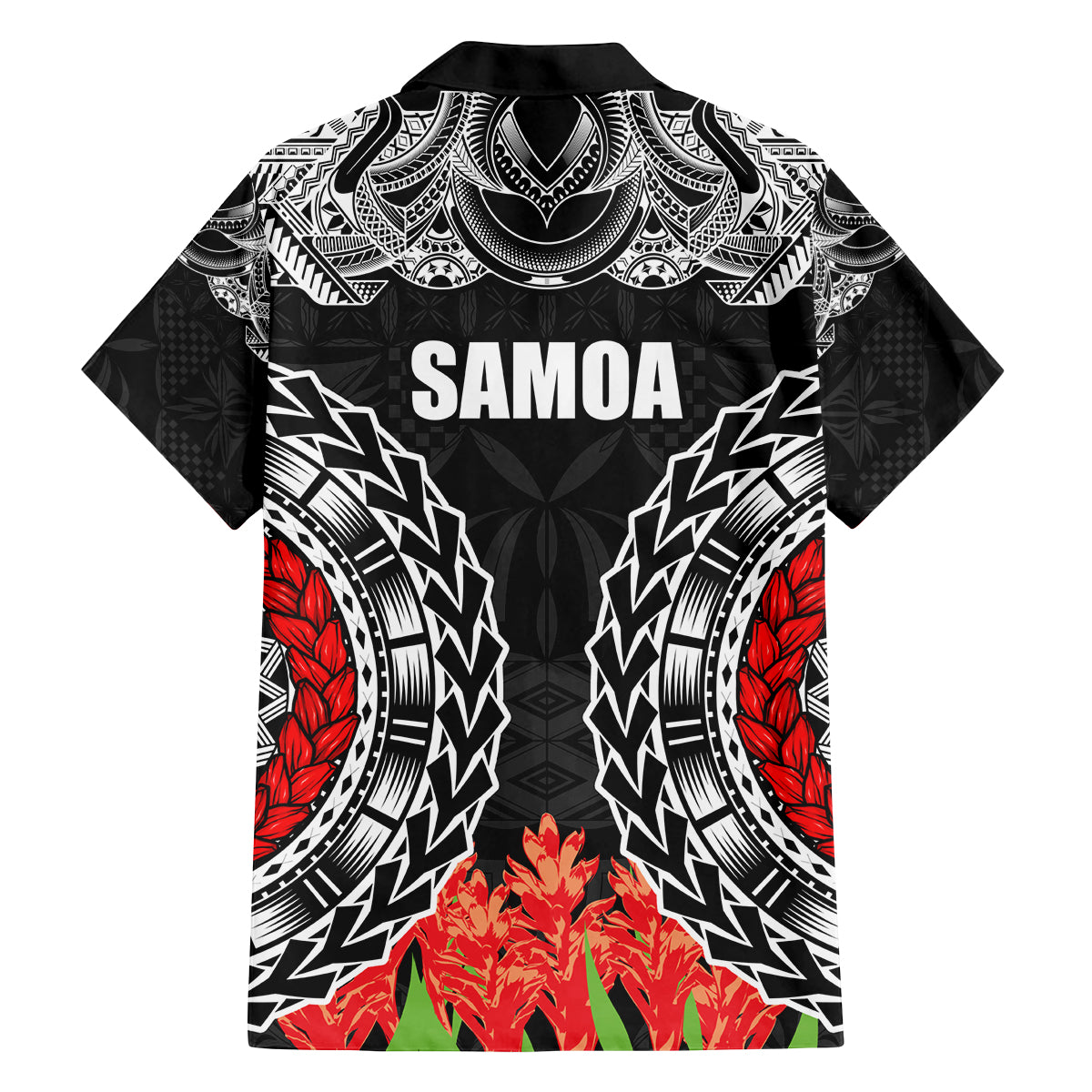 Samoa Siapo Ula Fala Family Matching Tank Maxi Dress and Hawaiian Shirt With Ginger Plant Black Color LT03 - Polynesian Pride