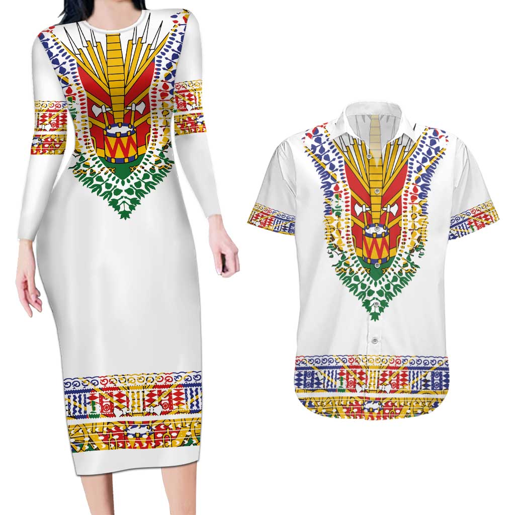 Haiti Flag Traditional Dashiki Couples Matching Long Sleeve Bodycon Dress and Hawaiian Shirt White Color LT03 White - Polynesian Pride
