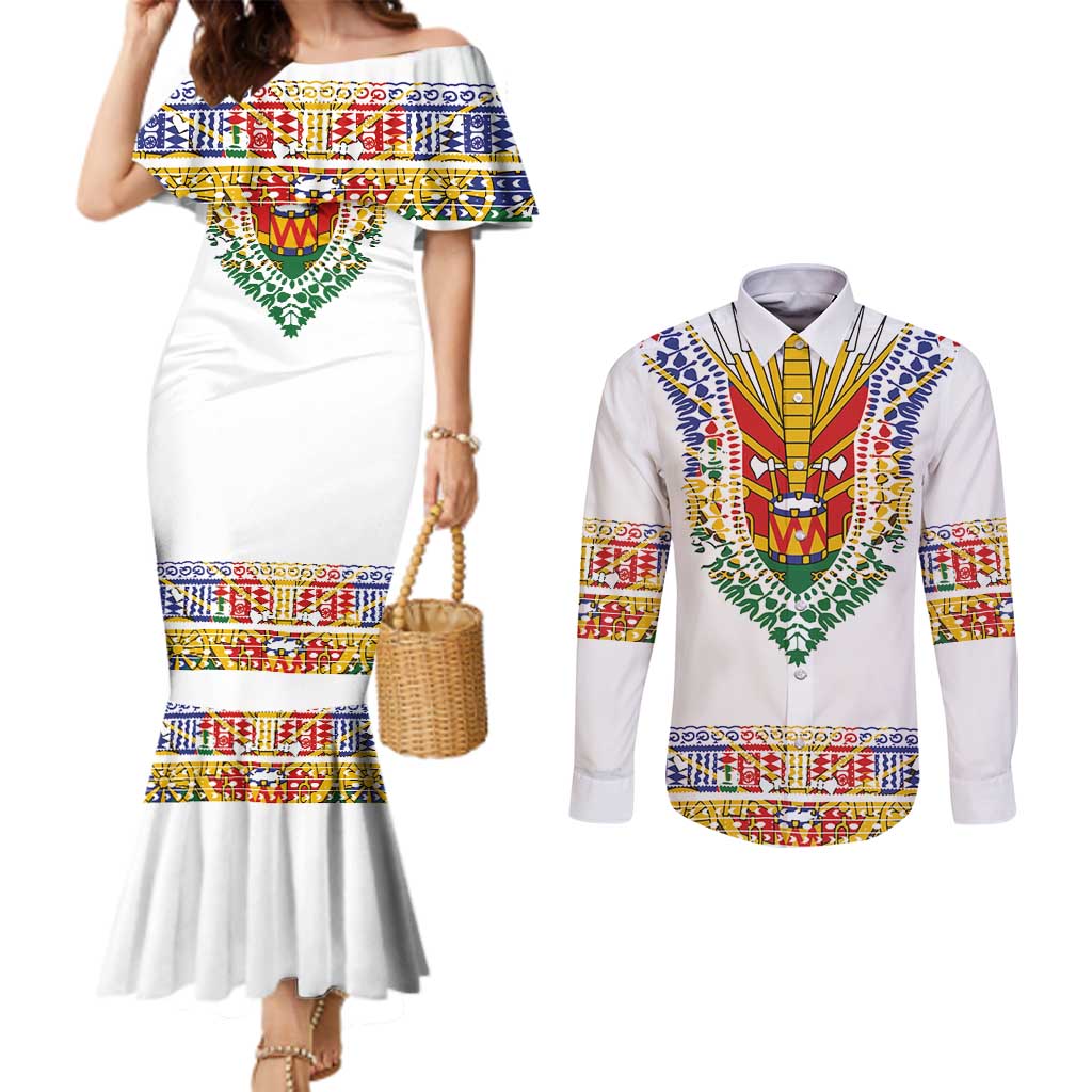 Haiti Flag Traditional Dashiki Couples Matching Mermaid Dress and Long Sleeve Button Shirt White Color - Polynesian Pride