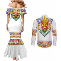 Haiti Flag Traditional Dashiki Couples Matching Mermaid Dress and Long Sleeve Button Shirt White Color - Polynesian Pride