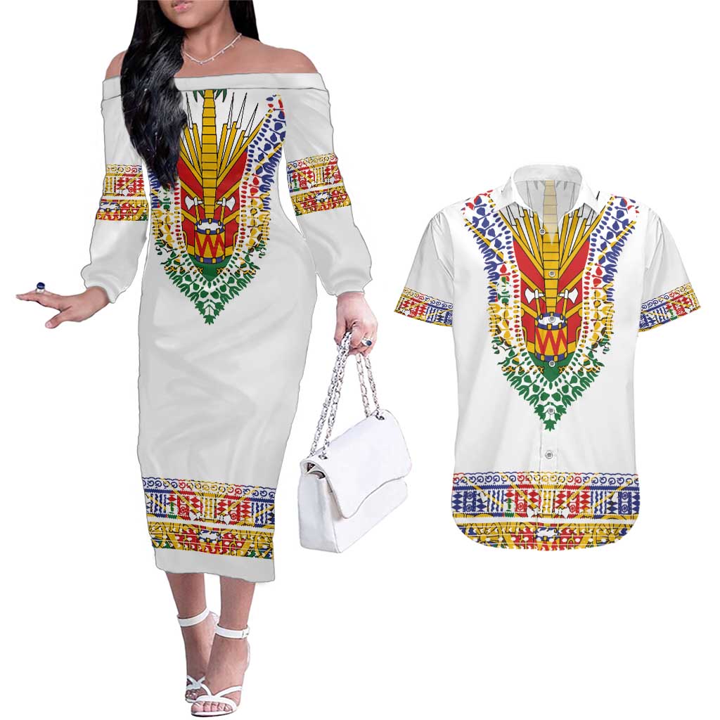 Haiti Flag Traditional Dashiki Couples Matching Off The Shoulder Long Sleeve Dress and Hawaiian Shirt White Color LT03 White - Polynesian Pride