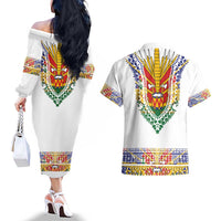 Haiti Flag Traditional Dashiki Couples Matching Off The Shoulder Long Sleeve Dress and Hawaiian Shirt White Color - Polynesian Pride