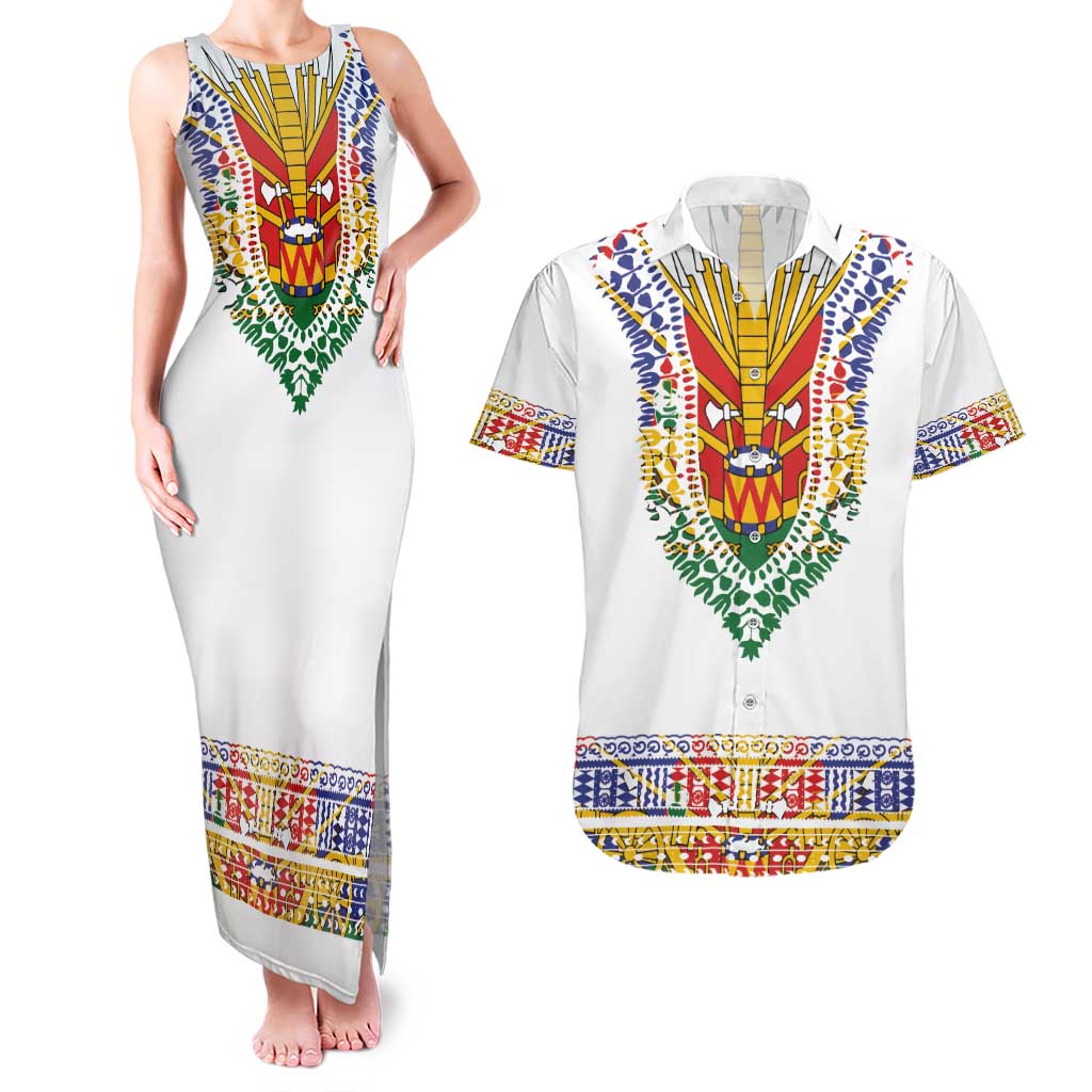 Haiti Flag Traditional Dashiki Couples Matching Tank Maxi Dress and Hawaiian Shirt White Color LT03 White - Polynesian Pride
