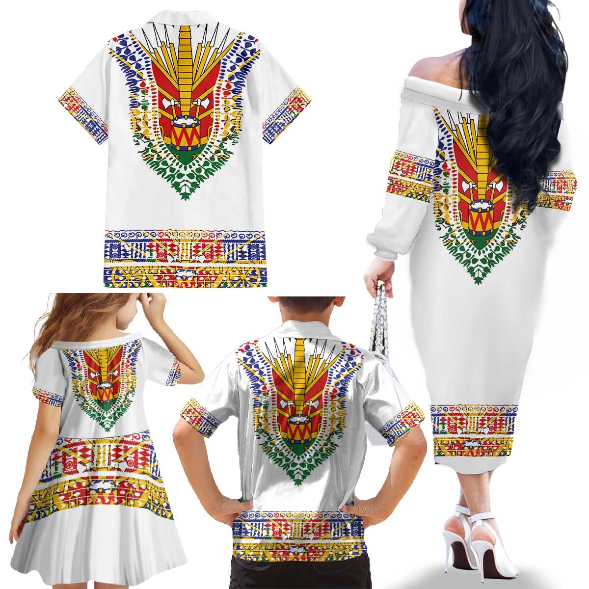 Haiti Flag Traditional Dashiki Family Matching Off The Shoulder Long Sleeve Dress and Hawaiian Shirt White Color - Polynesian Pride
