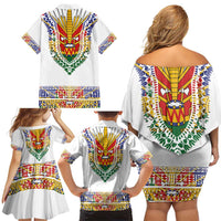 Haiti Flag Traditional Dashiki Family Matching Off Shoulder Short Dress and Hawaiian Shirt White Color - Polynesian Pride