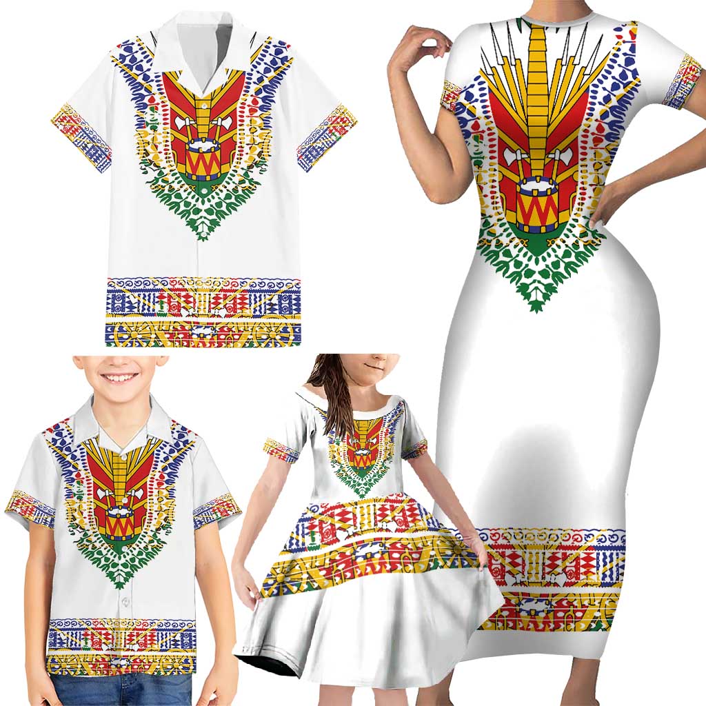 Haiti Flag Traditional Dashiki Family Matching Short Sleeve Bodycon Dress and Hawaiian Shirt White Color - Polynesian Pride