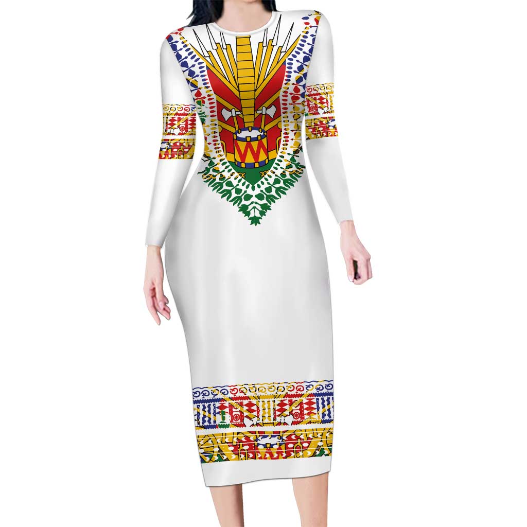 Haiti Flag Traditional Dashiki Long Sleeve Bodycon Dress White Color -  Polynesian Pride
