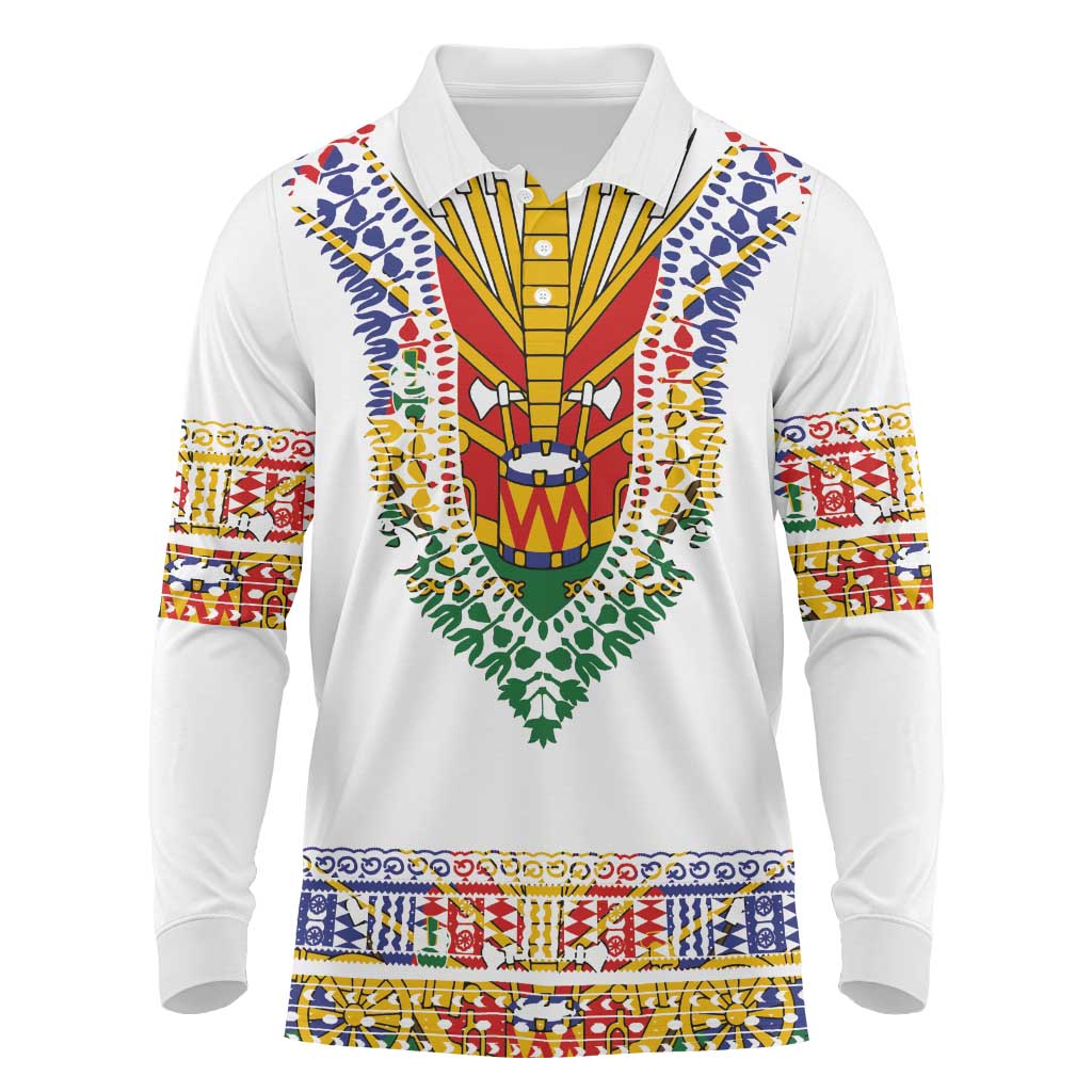 Haiti Flag Traditional Dashiki Long Sleeve Polo Shirt White Color LT03 White - Polynesian Pride