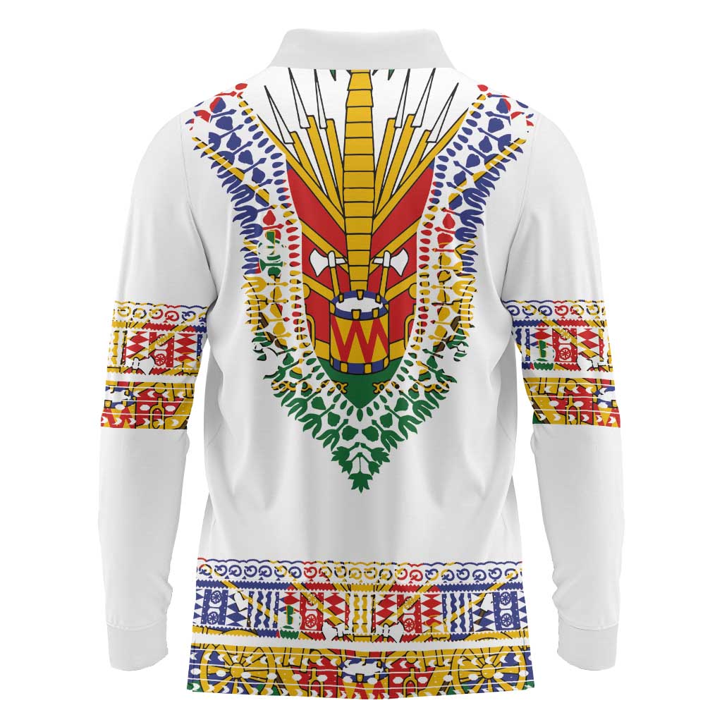 Haiti Flag Traditional Dashiki Long Sleeve Polo Shirt White Color LT03 - Polynesian Pride