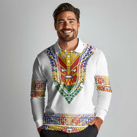 Haiti Flag Traditional Dashiki Long Sleeve Polo Shirt White Color LT03 - Polynesian Pride
