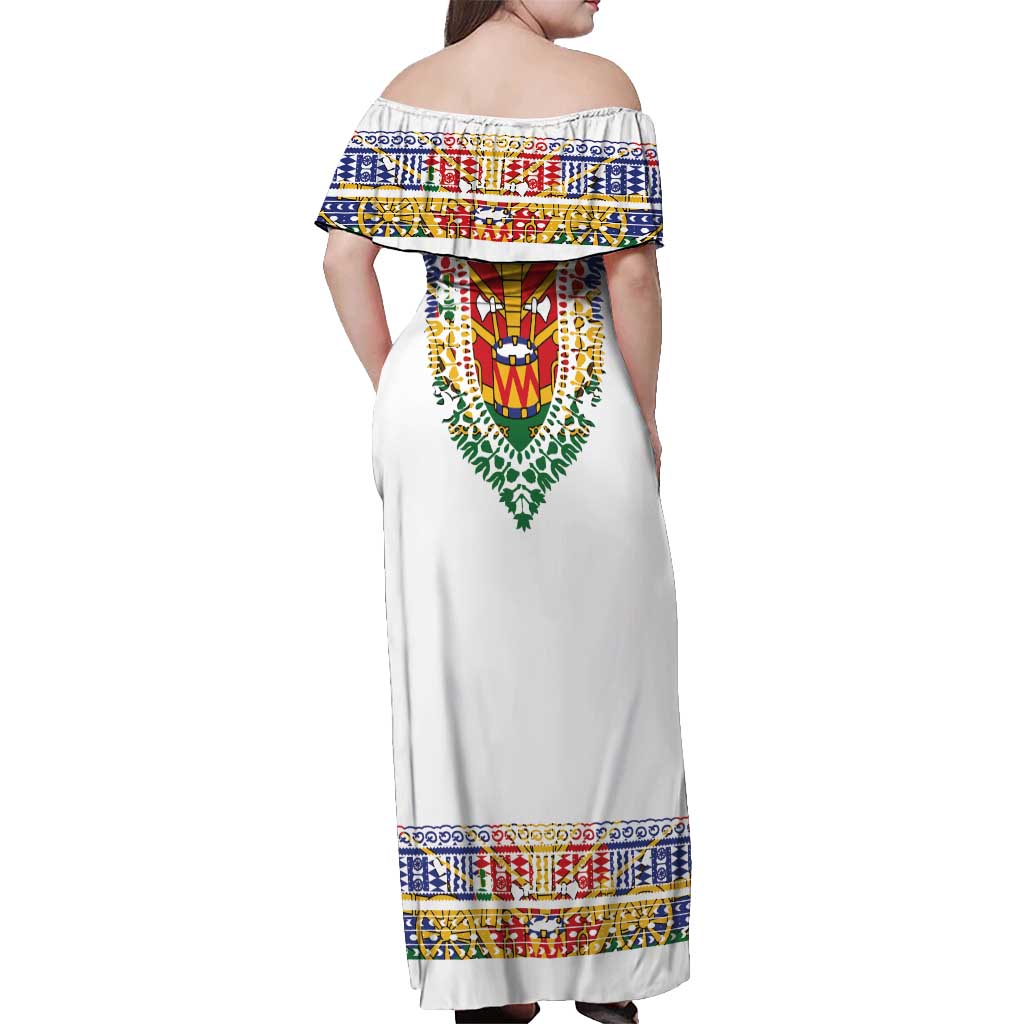 Haiti Flag Traditional Dashiki Off Shoulder Maxi Dress White Color - Polynesian Pride