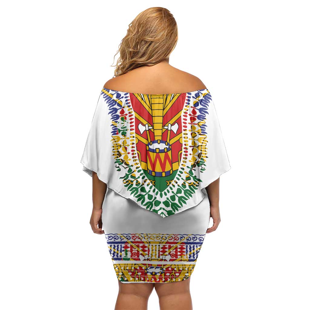 Haiti Flag Traditional Dashiki Off Shoulder Short Dress White Color - Polynesian Pride