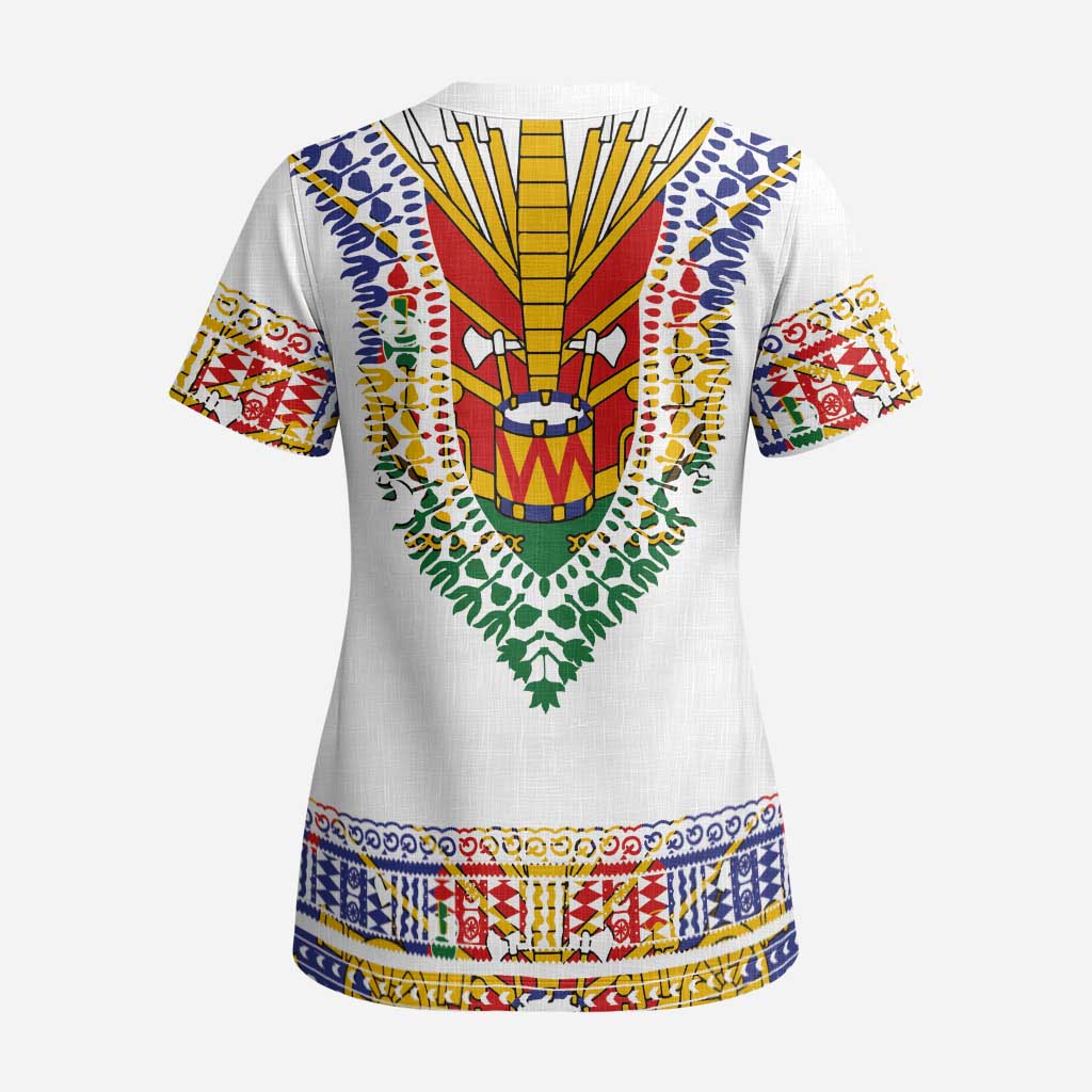 Haiti Flag Traditional Dashiki Scrub Top White Color - Polynesian Pride