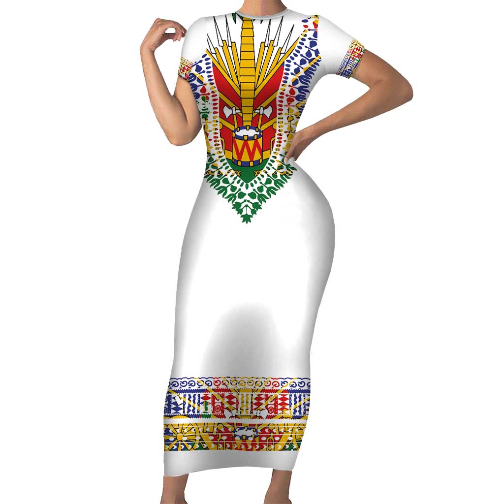 dashiki mini dress Haiti Flag Traditional Dashiki Short Sleeve Bodycon Dress White Color