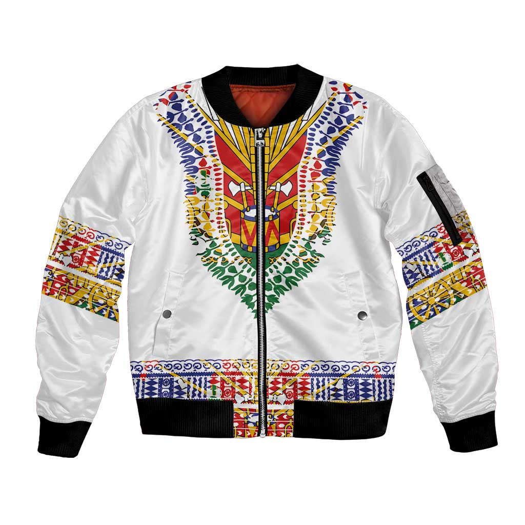 Haiti Flag Traditional Dashiki Sleeve Zip Bomber Jacket White Color LT03 Unisex White - Polynesian Pride