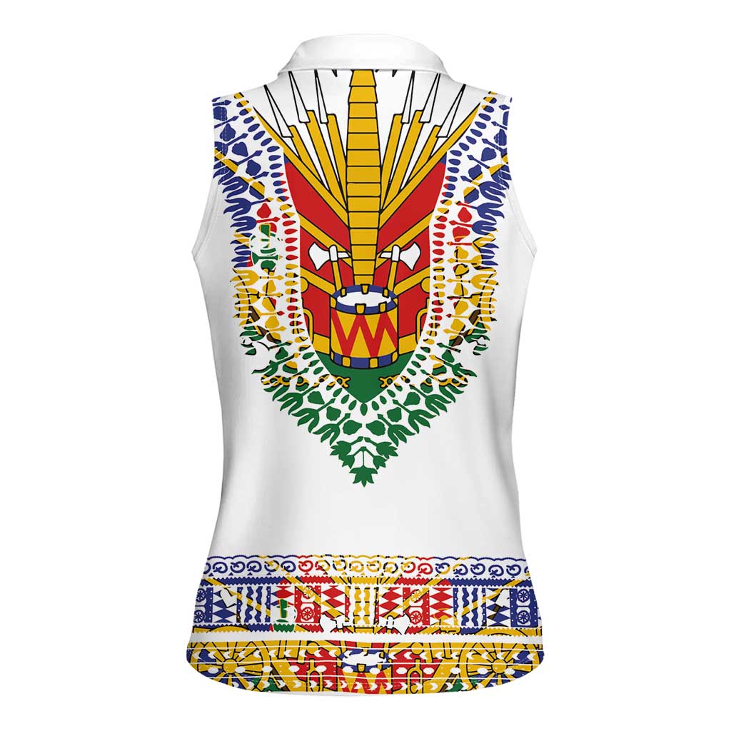 Haiti Flag Traditional Dashiki Women Sleeveless Polo Shirt White Color LT03 - Polynesian Pride