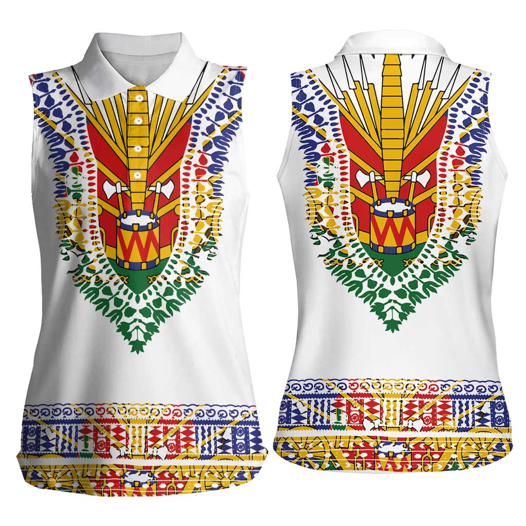 Haiti Flag Traditional Dashiki Women Sleeveless Polo Shirt White Color LT03 - Polynesian Pride