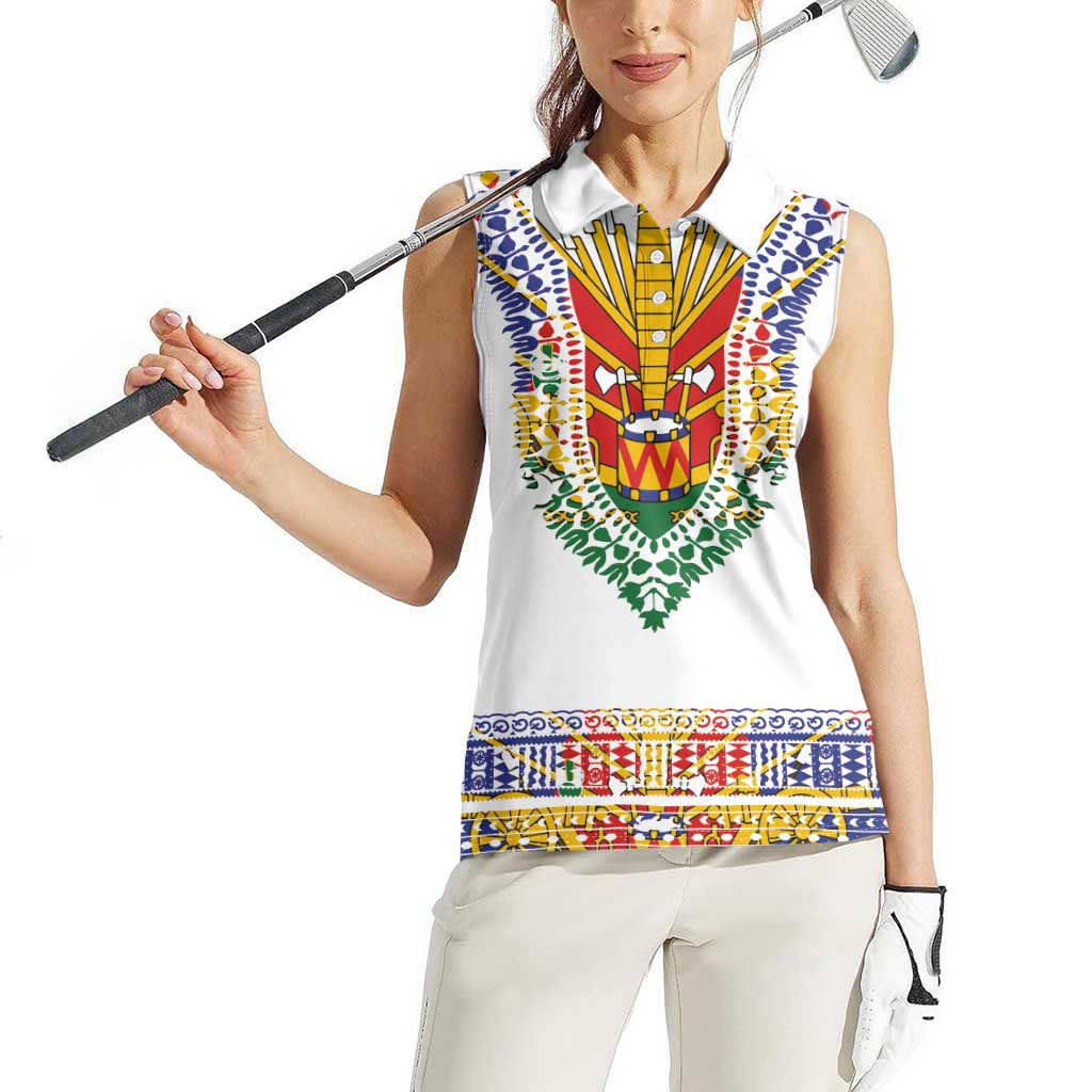 Haiti Flag Traditional Dashiki Women Sleeveless Polo Shirt White Color LT03 - Polynesian Pride