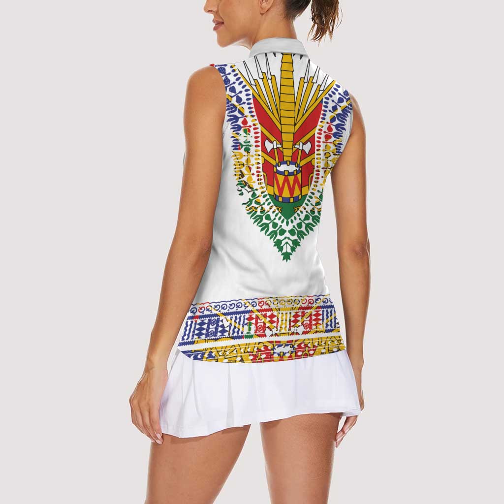 Haiti Flag Traditional Dashiki Women Sleeveless Polo Shirt White Color LT03 - Polynesian Pride