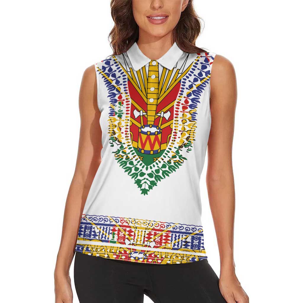 Haiti Flag Traditional Dashiki Women Sleeveless Polo Shirt White Color LT03 - Polynesian Pride