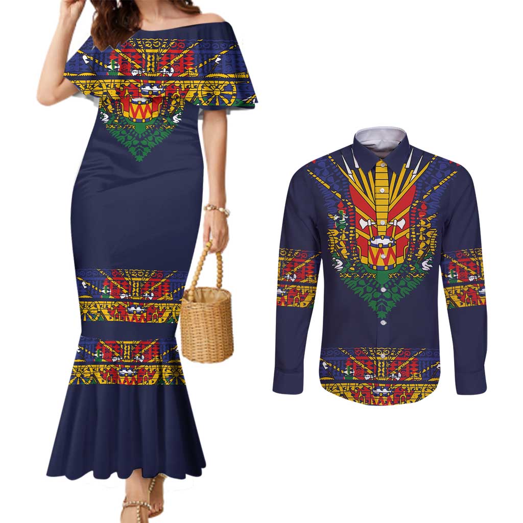 Haiti Flag Traditional Dashiki Couples Matching Mermaid Dress and Long Sleeve Button Shirt Black Color - Polynesian Pride