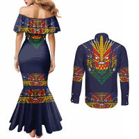 Haiti Flag Traditional Dashiki Couples Matching Mermaid Dress and Long Sleeve Button Shirt Black Color - Polynesian Pride