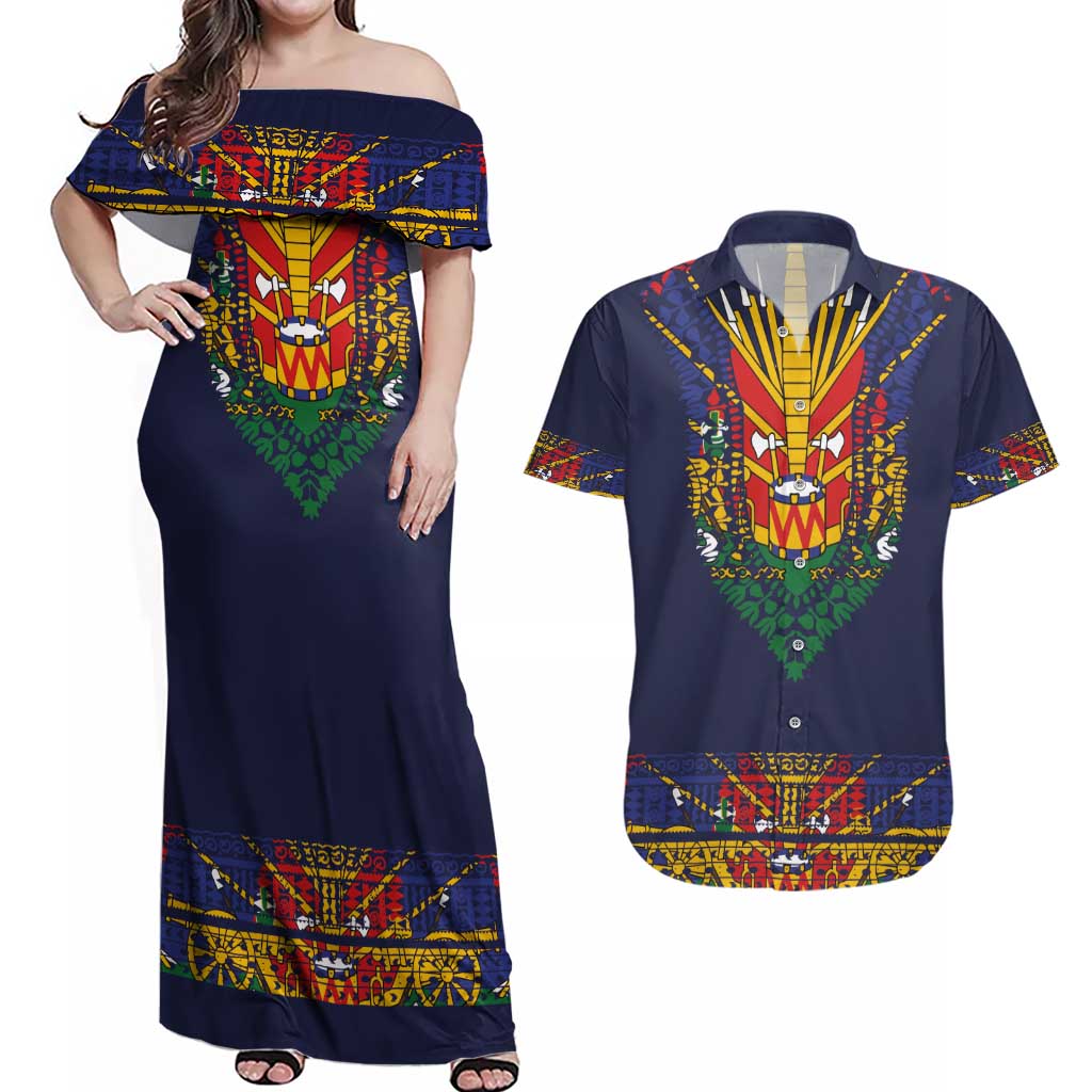Haiti Flag Traditional Dashiki Couples Matching Off Shoulder Maxi Dress and Hawaiian Shirt Black Color LT03 Black - Polynesian Pride