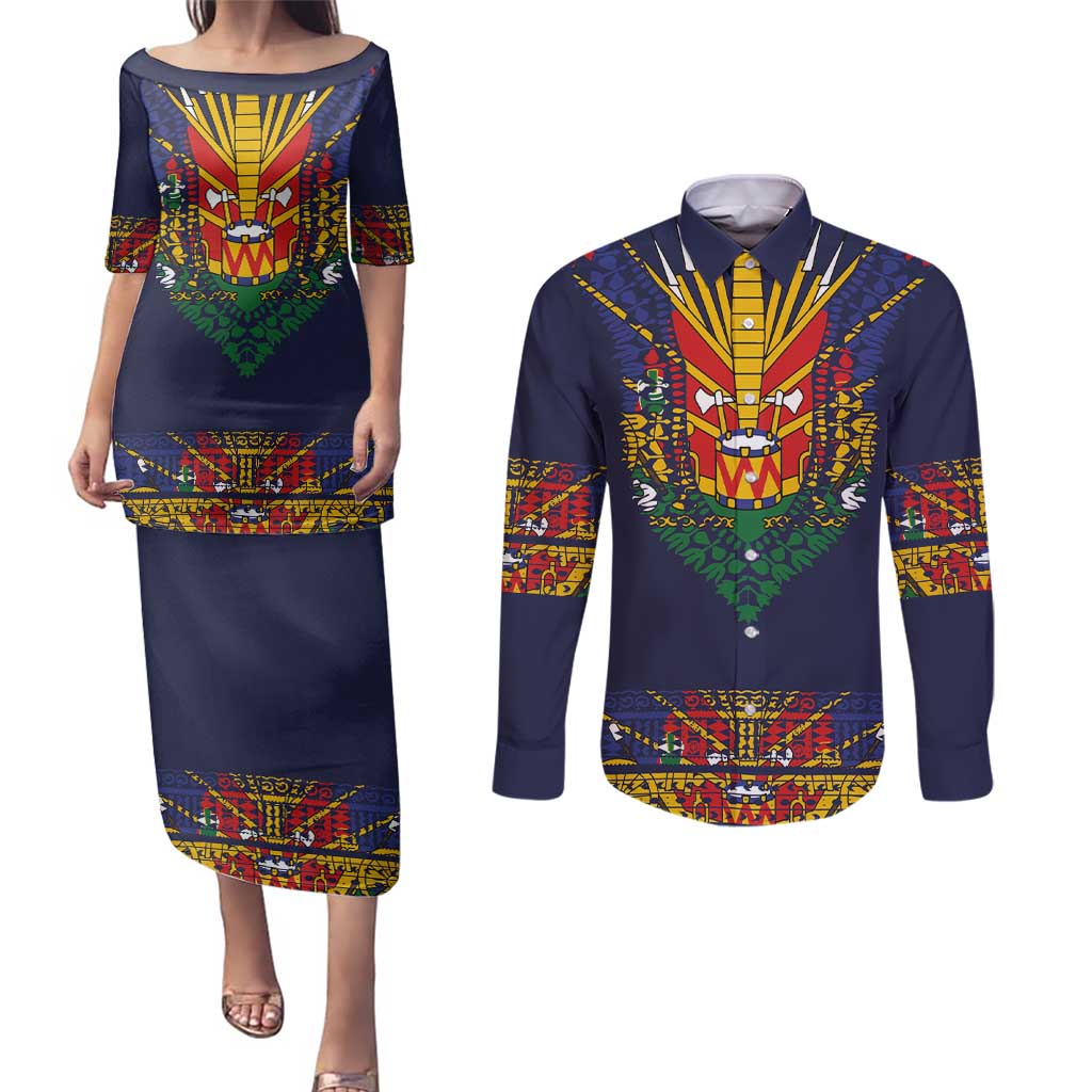 Haiti Flag Traditional Dashiki Couples Matching Puletasi and Long Sleeve Button Shirt Black Color - Polynesian Pride