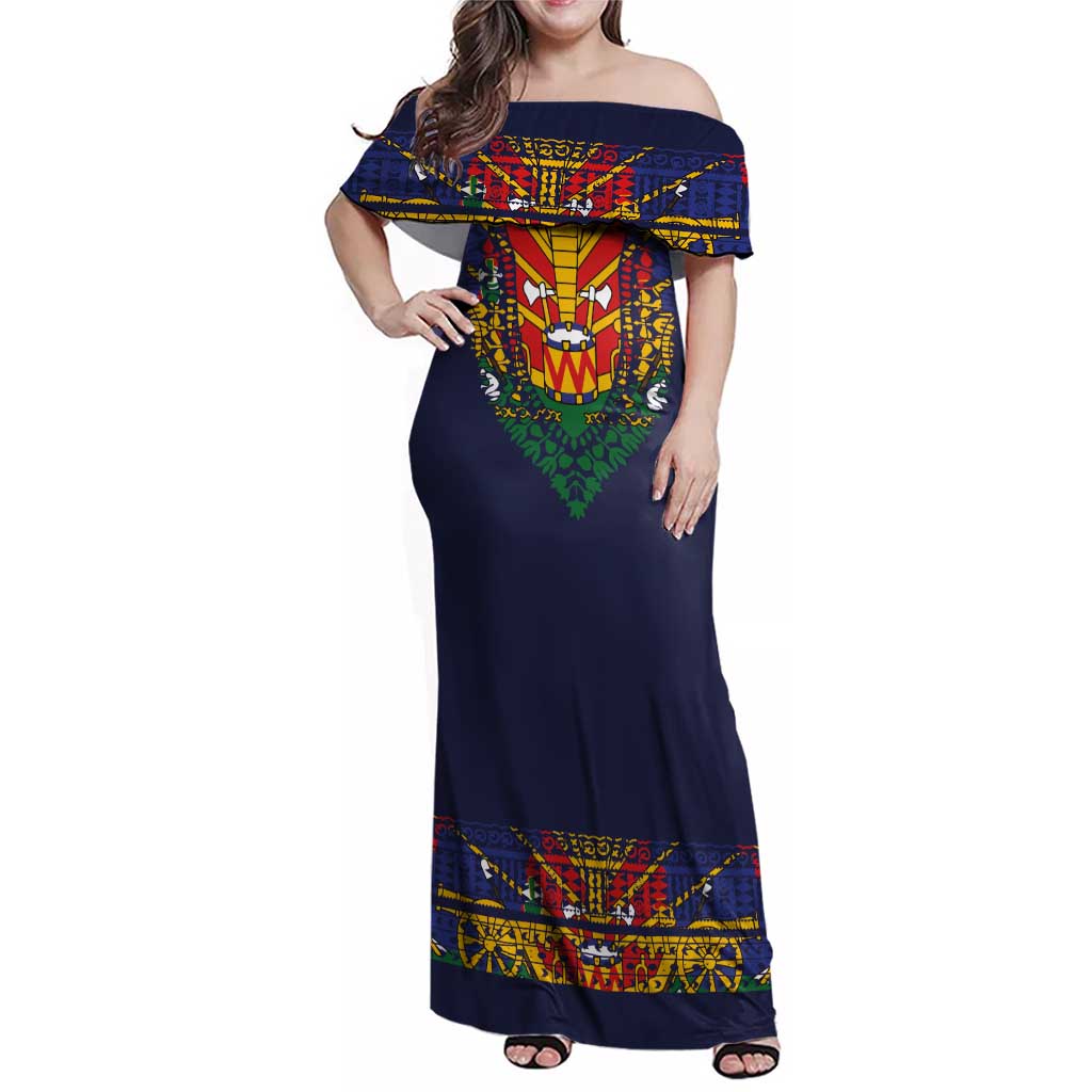 Haiti Flag Traditional Dashiki Family Matching Off Shoulder Maxi Dress and Hawaiian Shirt Black Color - Polynesian Pride