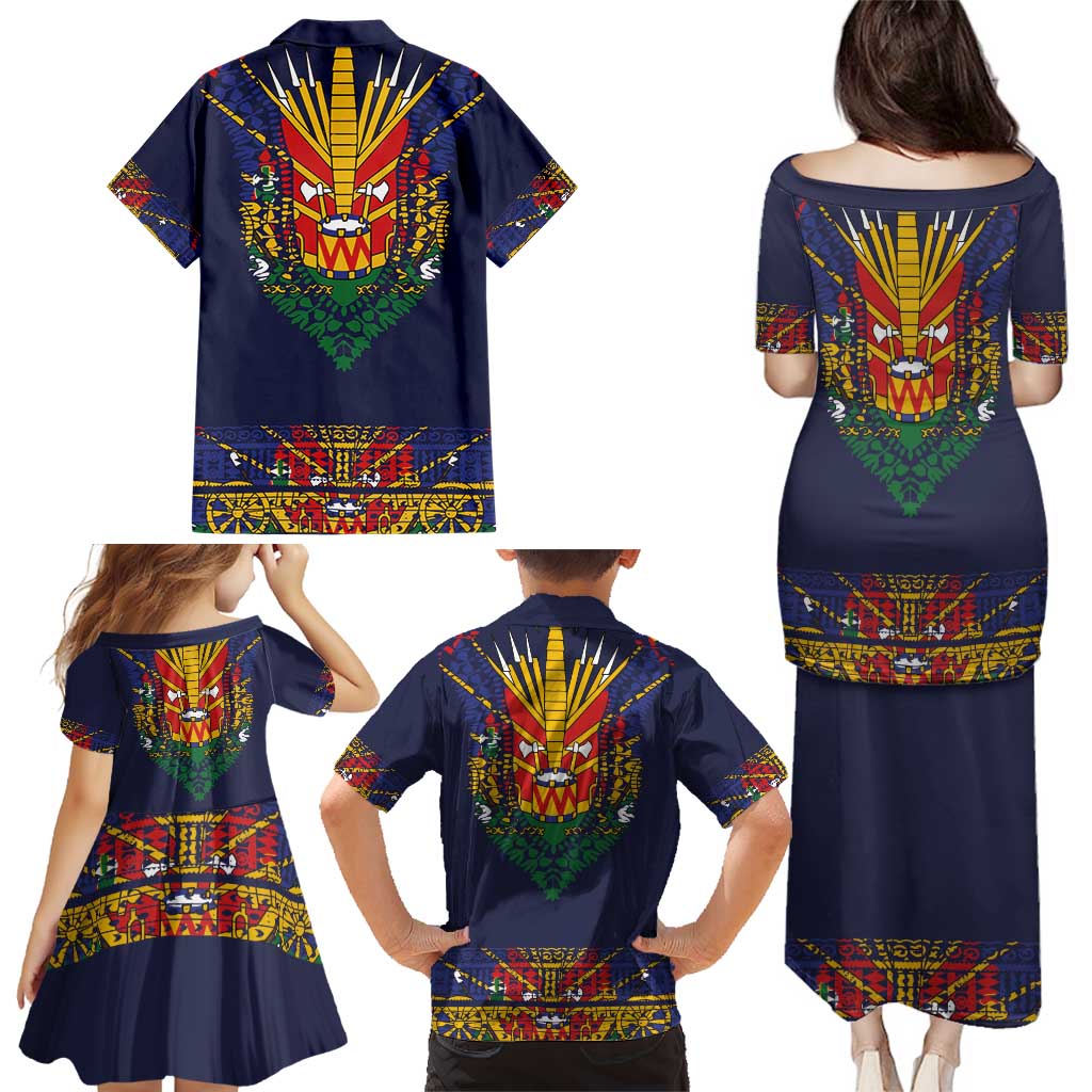 Haiti Flag Traditional Dashiki Family Matching Puletasi and Hawaiian Shirt Black Color - Polynesian Pride