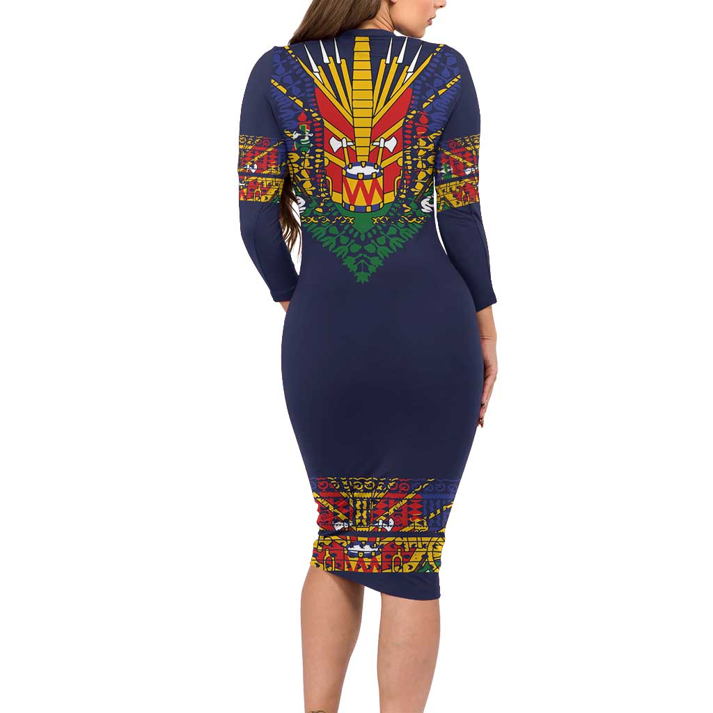 Haiti Flag Traditional Dashiki Long Sleeve Bodycon Dress Black Color - Polynesian Pride