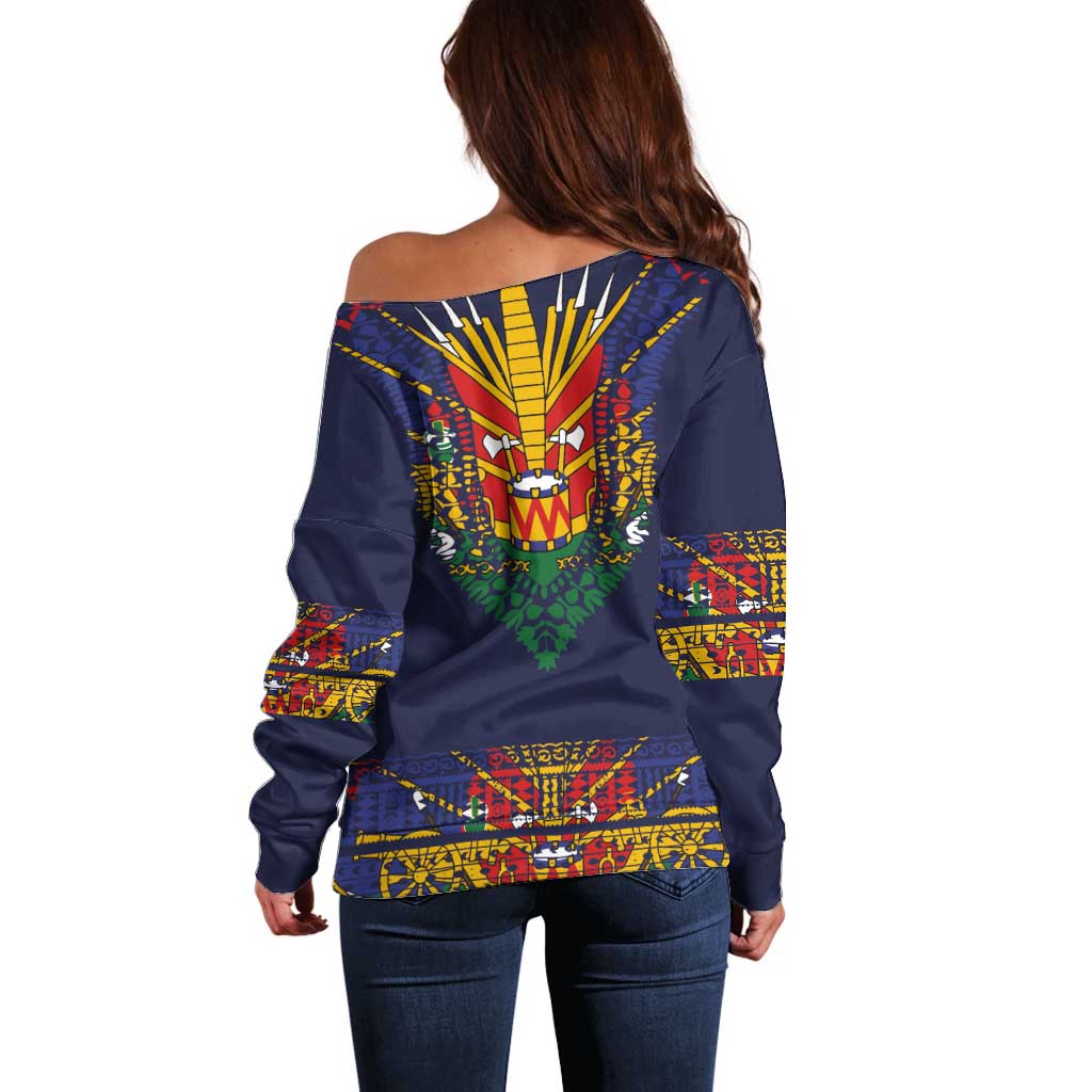 Haiti Flag Traditional Dashiki Off Shoulder Sweater Black Color - Polynesian Pride