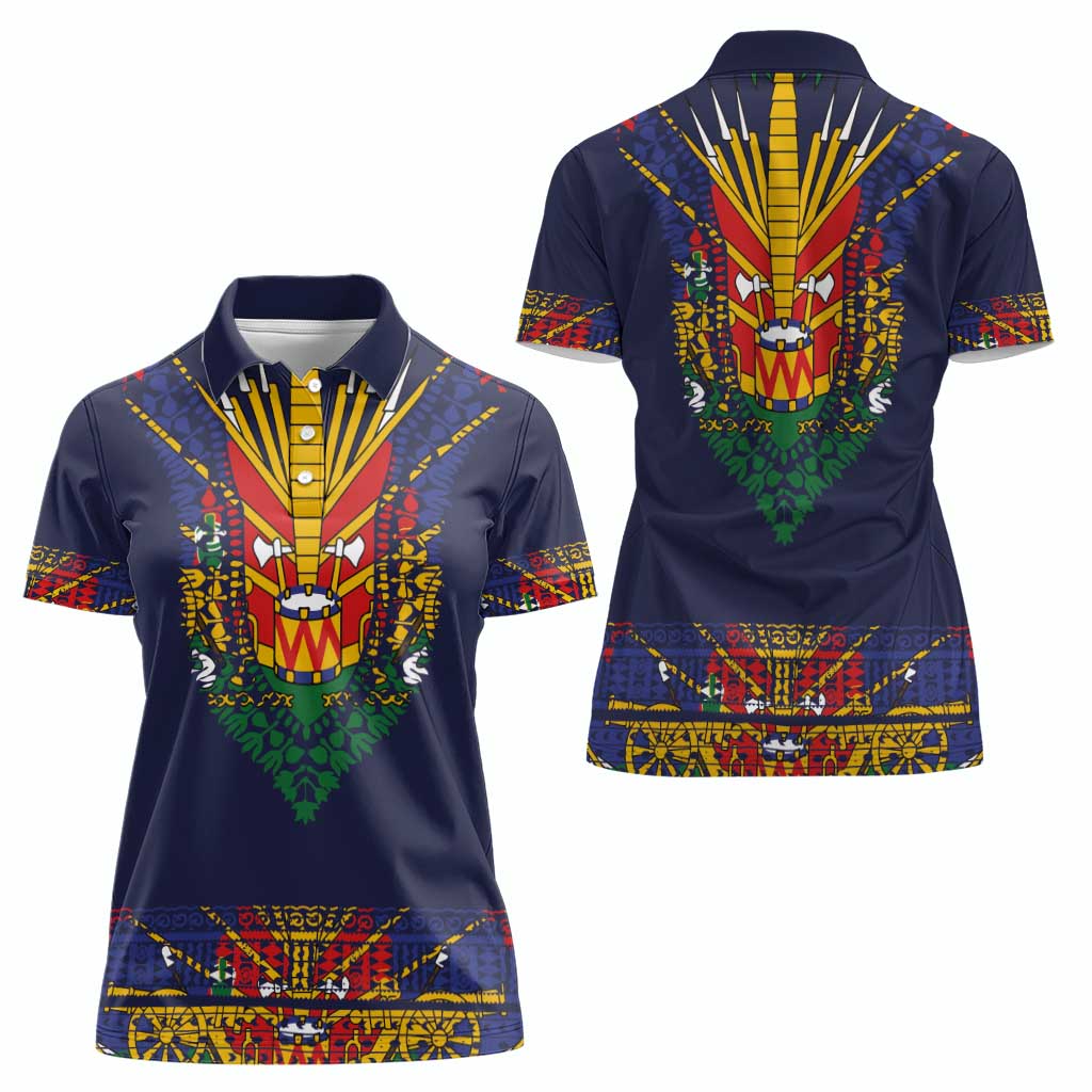 Haiti Flag Traditional Dashiki Women Polo Shirt Black Color - Polynesian Pride