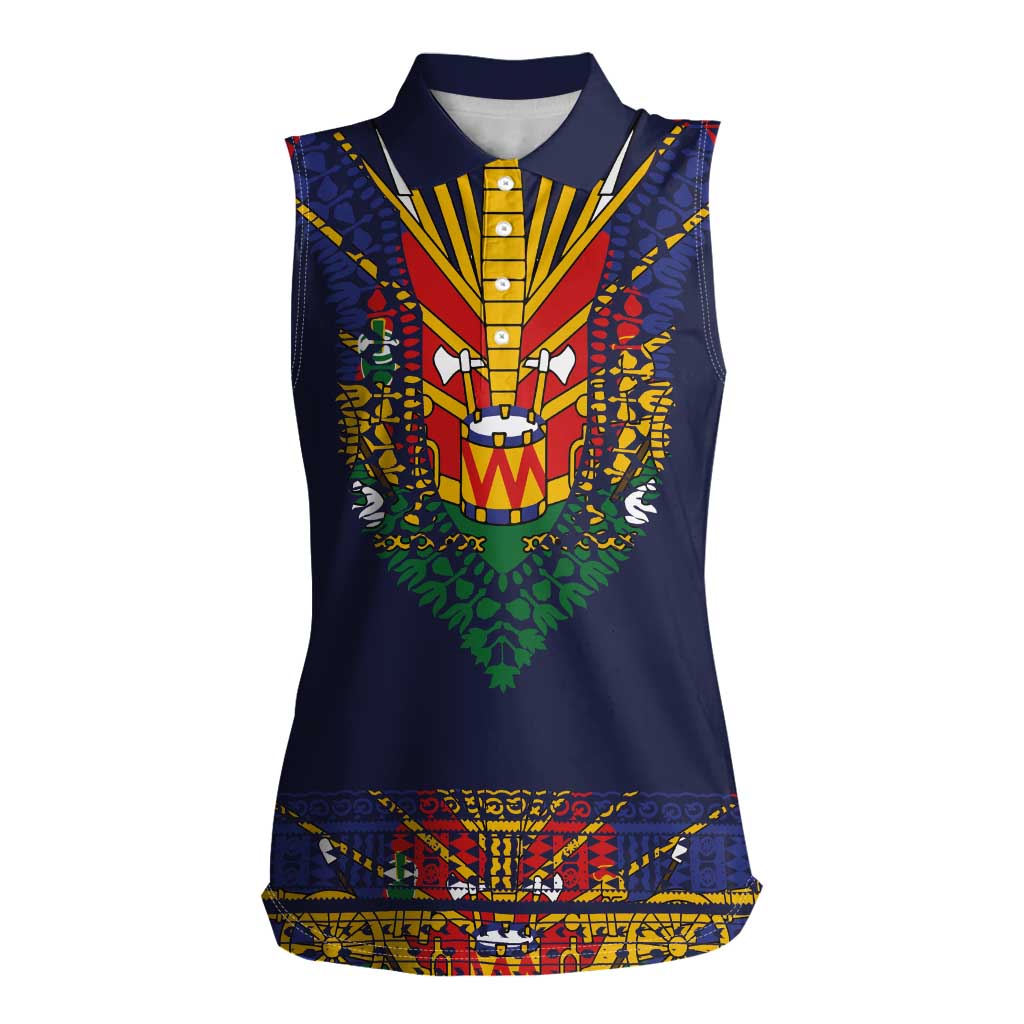 Haiti Flag Traditional Dashiki Women Sleeveless Polo Shirt Black Color LT03 Female Black - Polynesian Pride