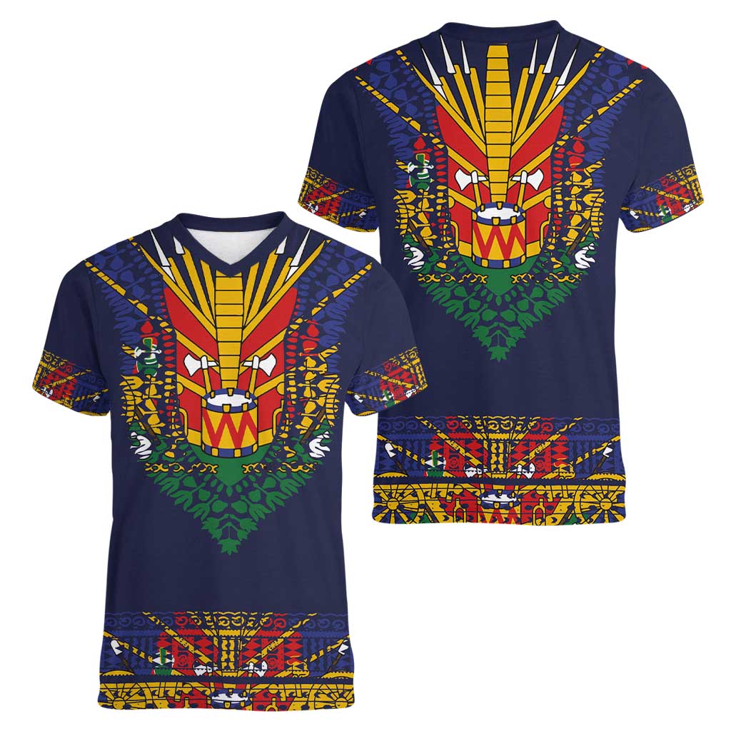 Haiti Flag Traditional Dashiki Women V-Neck T-Shirt Black Color - Polynesian Pride