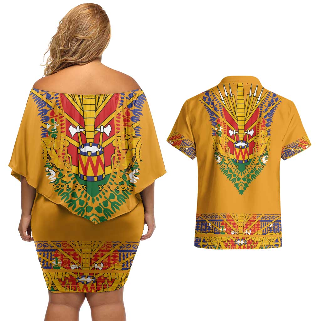 Haiti Flag Traditional Dashiki Couples Matching Off Shoulder Short Dress and Hawaiian Shirt Yellow Color - Polynesian Pride