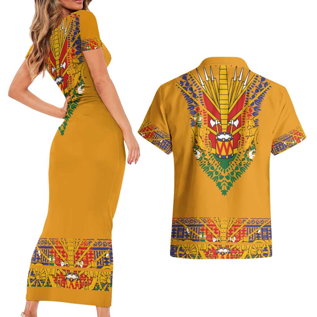 Haiti Flag Traditional Dashiki Couples Matching Short Sleeve Bodycon Dress and Hawaiian Shirt Yellow Color - Polynesian Pride